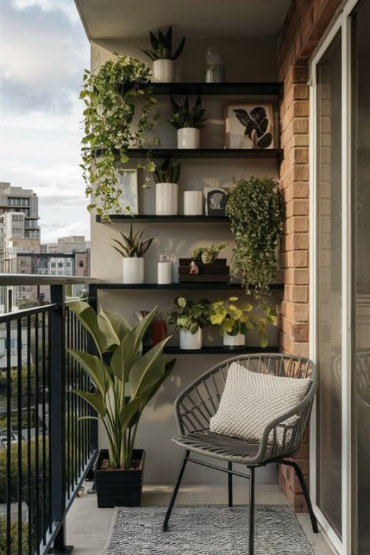 Contemporary small balcony featuring black floating shelves filled with white potted plants, a modern gray chair with a neutral cushion, a patterned outdoor rug, and a sleek city view in the background. 