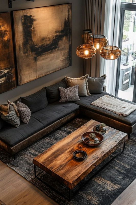 Contemporary sitting room with a dark sectional sofa, rustic live-edge wood coffee table, abstract wall art, layered neutral throw pillows, and warm hanging glass pendant lights 