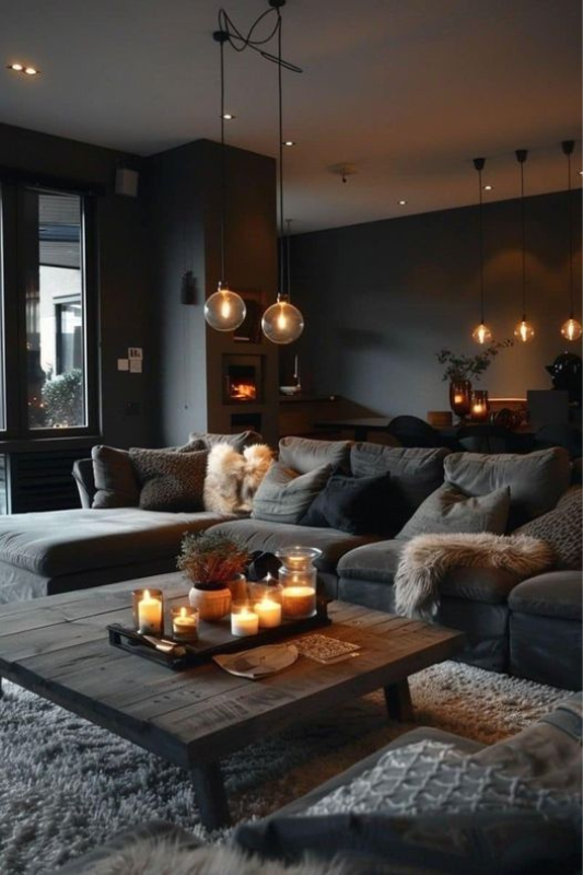 Warm and moody living room with dark grey sectional sofa, layered throw pillows and fur blankets, rustic wood coffee table with lit candles, and modern pendant lighting for ambient glow 