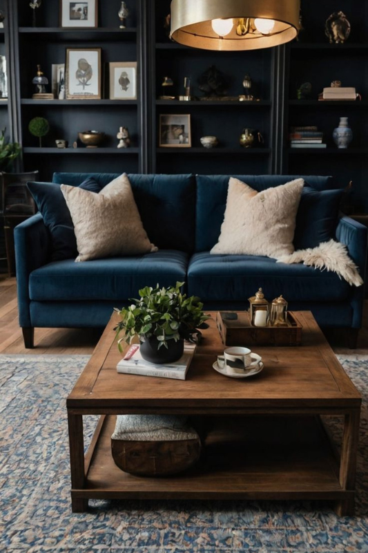 Cozy moody living room featuring a dark blue velvet sofa, gold ceiling light fixture, built-in black bookshelves, and a wooden coffee table styled with greenery and neutral accents 