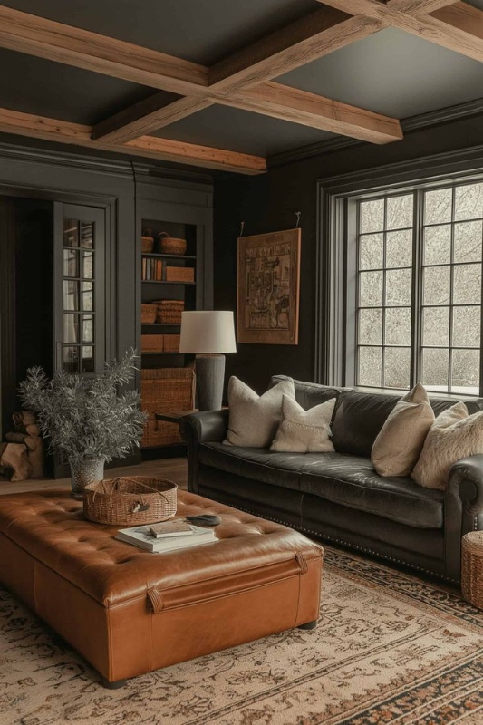 Sophisticated dark-toned living room featuring black walls, a deep leather sofa with neutral pillows, a caramel leather tufted ottoman, and exposed wooden ceiling beams, styled with warm textures and woven accents for a cozy moody atmosphere. 