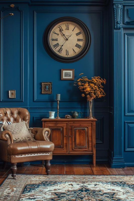 Vintage-inspired living room with deep blue paneled walls, oversized antique wall clock, tufted leather armchair, wood cabinet with warm-toned accessories, and a traditional patterned rug 