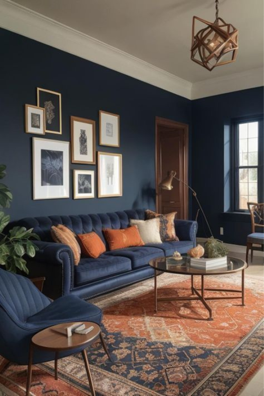 Transitional living room with deep navy walls, tufted navy sofa, burnt orange throw pillows, Persian-style rug, gold and white gallery wall, and a mix of modern and vintage furniture 