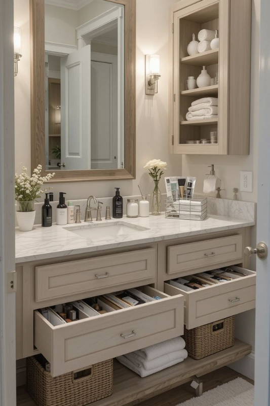 Neutral bathroom vanity with wood-framed mirror, marble countertop, and organized storage drawers featuring baskets, folded towels, and bathroom essentials. 