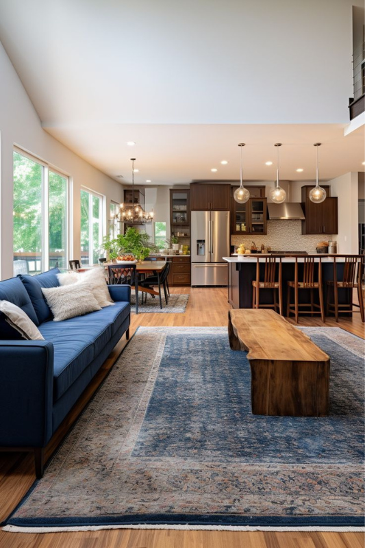 Open-concept studio apartment layout featuring a modern kitchen, wood flooring, navy blue sofa, and layered area rugs for stylish small space living in 2025


