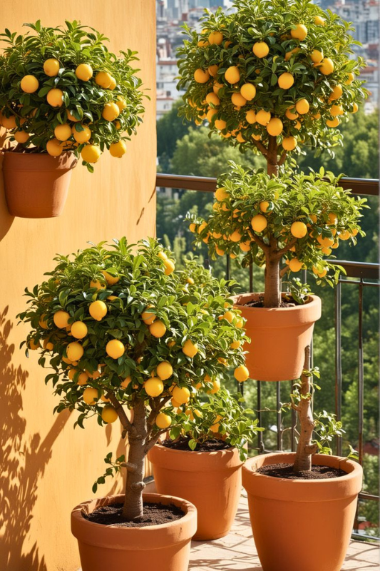 Cluster of potted lemon trees in terracotta pots arranged on a sunny balcony, with one mounted on the wall and others along the railing, creating a Mediterranean-inspired edible garden. 