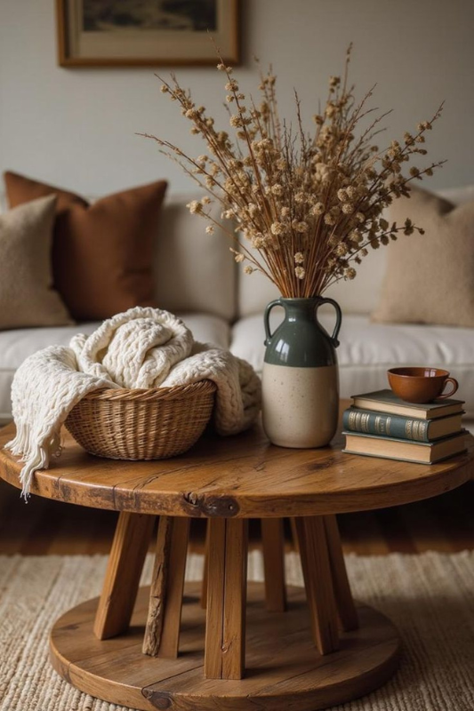 cozy rustic coffee table styling with a ceramic vase of dried flowers, stacked vintage books, a brown teacup, and a woven basket holding a chunky knit blanket

