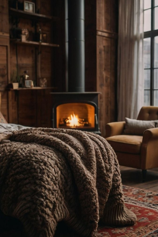 Warm rustic bedroom featuring a chunky knit blanket, vintage rug, wood-paneled walls, a burning fireplace, and a tufted armchair near tall windows 
