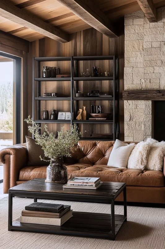 Warm rustic living room featuring a tufted cognac leather sofa, exposed wood ceiling beams, open shelving with decor pieces, stone fireplace, and a black wood coffee table with books and greenery 