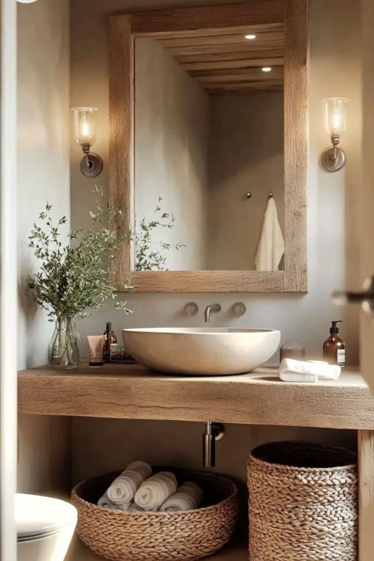 Rustic bathroom vanity with natural wood countertop, round vessel sink, wood-framed mirror, and woven storage baskets filled with rolled towels, accented by wall sconces and greenery in a glass vase. 