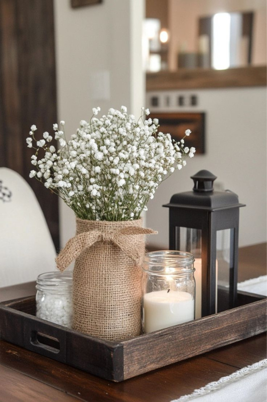 Cozy rustic centerpiece styled in a dark wooden tray, showcasing a burlap-wrapped vase filled with baby’s breath flowers, a mason jar candle, and a black metal lantern, creating a warm farmhouse dining table arrangement. 