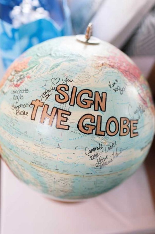 A creative graduation party guestbook idea featuring a globe with handwritten messages and signatures from friends and family around the world. 
