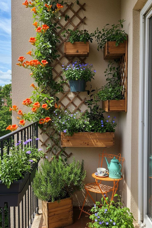 Small balcony garden featuring a vertical trellis with wooden planters, blooming orange and purple flowers, herbs like rosemary, and a cozy orange bistro set with a tea setup. 
