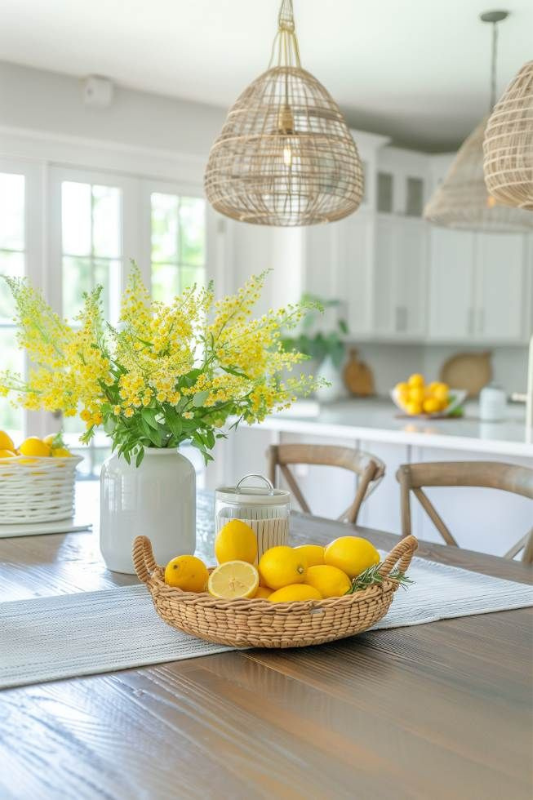 Bright summer dining table centerpiece featuring a woven basket filled with fresh lemons, a ceramic vase with yellow floral stems, and a white lantern candle, styled on a wooden table with a light runner in a white kitchen. 
