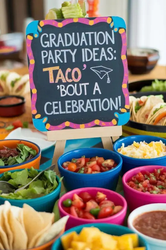 Colorful taco bar setup with fresh toppings and a festive chalkboard sign that reads "Graduation Party Ideas: Taco 'Bout a Celebration!" Perfect idea for a fun and vibrant 2025 graduation party. 