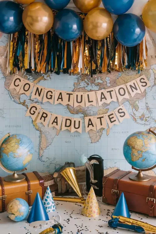 Travel-themed graduation party setup with a world map backdrop, colorful balloons, party hats, and a “Congratulations Graduates” banner—perfect for adventurous grads. 