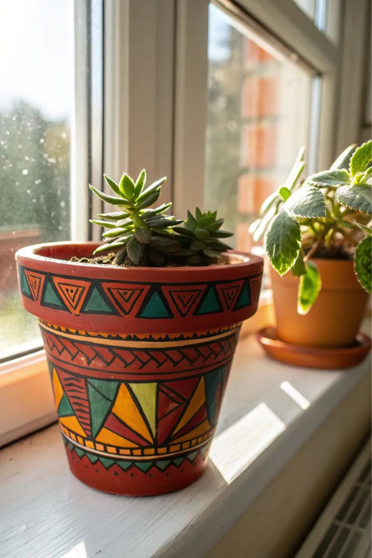 Striking hand-painted tribal-style terracotta pot with colorful geometric patterns in red, teal, orange, and yellow. This eye-catching planter adds a bold and cultural aesthetic to windowsills, indoor gardens, or boho interiors.