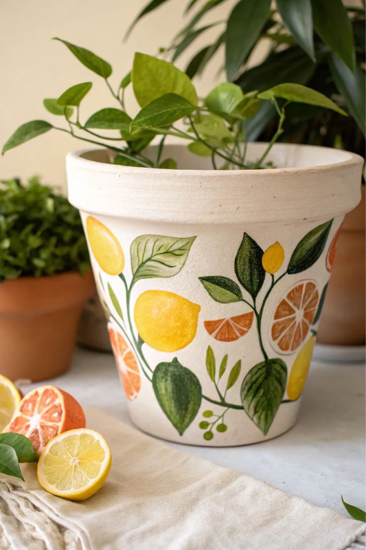 Vibrant hand-painted terracotta pot featuring lemons, oranges, and lush green leaves. This Mediterranean-inspired planter adds a cheerful, summery touch to kitchens, patios, and indoor plant displays with fresh citrus garden vibes.