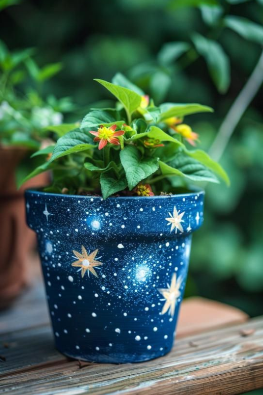 Dark blue hand-painted terracotta planter featuring a starry night sky design with white splatter stars and glowing golden constellations. A celestial-themed flower pot perfect for adding a dreamy, cosmic touch to garden spaces or windowsills.