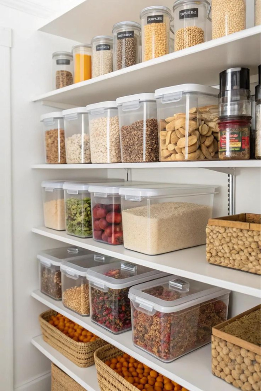Clear airtight pantry storage containers neatly organizing dry goods such as grains, snacks, and spices in a white open shelf kitchen for efficient space saving and visual harmony. 