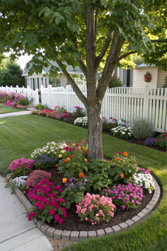Lush circular flower bed around a mature tree, filled with pink, orange, and white flowers and outlined with paver edging bricks.