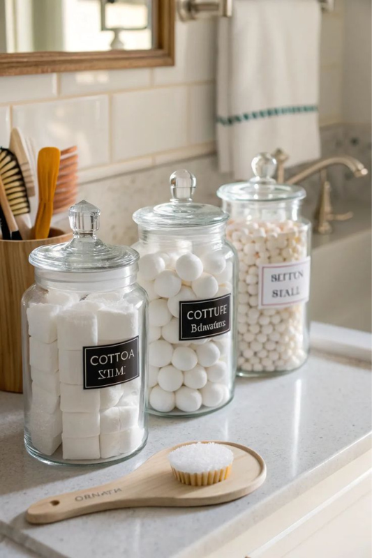 Bathroom countertop styled with three large apothecary jars filled with white cotton items, labeled in a stylish font, alongside a wooden grooming brush and container of combs. The setup blends organization with charm, offering a clean and visually appealing storage solution. 