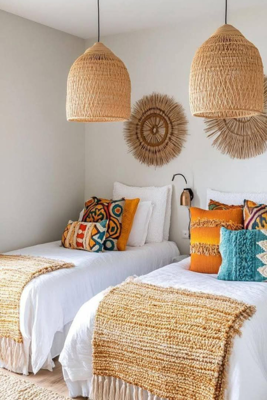 Bohemian bedroom with twin beds styled in white bedding, textured mustard throws, colorful embroidered pillows, woven pendant lights, and natural wall decor for a cozy eclectic look 2/2 