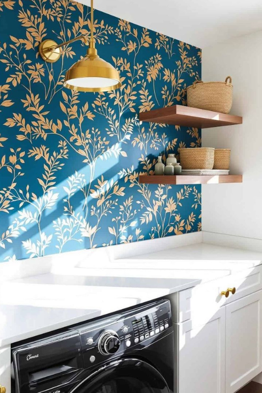 Bold floral wallpaper in a modern laundry room with floating wood shelves, gold sconce lighting, black washer, and crisp white countertops for a chic and colorful update.