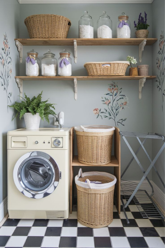 Bright laundry room with a ceiling-mounted drying rack, large sunlit window, and a top-loading washer and dryer setup for energy-efficient indoor drying. 