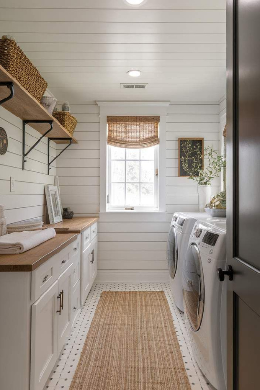 Sunlit modern laundry room featuring a ceiling-mounted pulley drying rack, marble countertops, and full-height windows for ventilation and brightness.