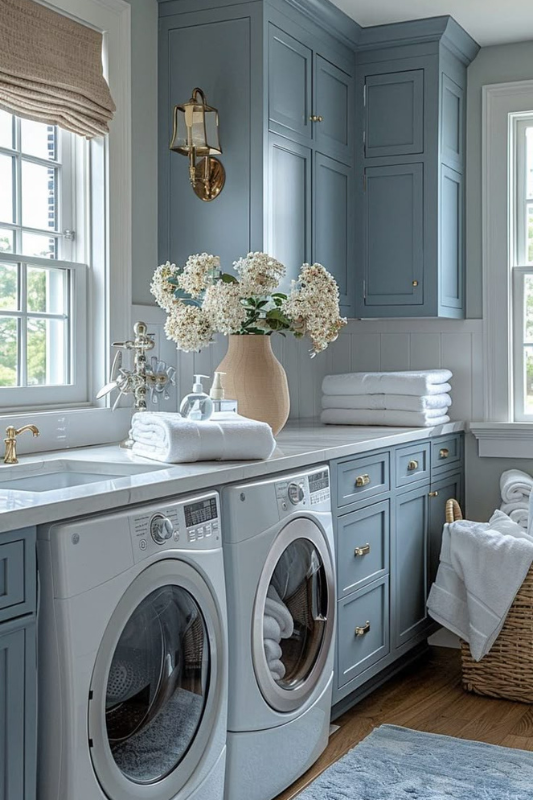 Functional small laundry nook featuring wall-mounted retractable drying rack, front-load washer and dryer, and woven hanging baskets for streamlined storage.