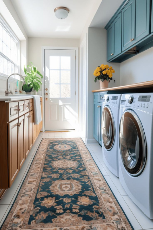 Bright laundry room with ceiling-mounted pulley drying rack system, maximizing vertical space above modern washer and dryer units by a sunny window.