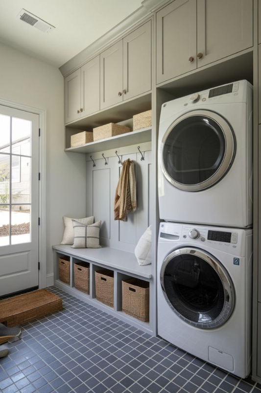Bright laundry room featuring a ceiling-mounted drying rack over a top-loading washer and front-loading dryer with large window lighting.