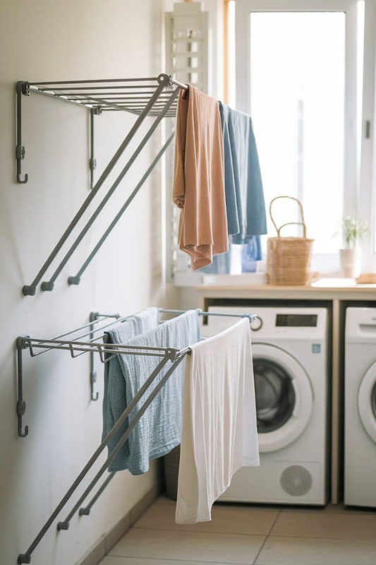 Elegant laundry room with white shaker cabinets, front-load washer and dryer, woven storage baskets, and black-and-white patterned tile flooring for timeless appeal. 