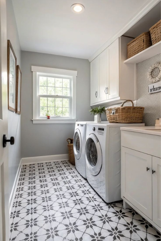 Clean white laundry room featuring patterned tile flooring, classic cabinetry, woven baskets, and front-load washer and dryer for a crisp modern look.