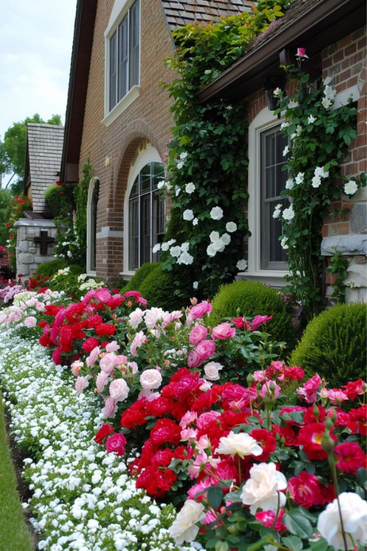 Charming brick house with front yard rose garden, featuring white climbing roses and a dense layer of red and pink blooms.
