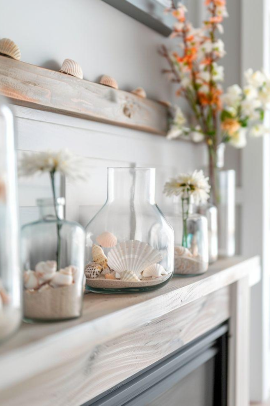 Coastal mantel decor featuring soft white paneling, aqua glass bottles, and a natural driftwood branch adorned with delicate white blossoms. The arrangement is accented with a variety of seashells and a woven starfish wall piece, creating a serene beach-inspired aesthetic perfect for nautical home styling, summer mantel ideas, and seaside living room decor.