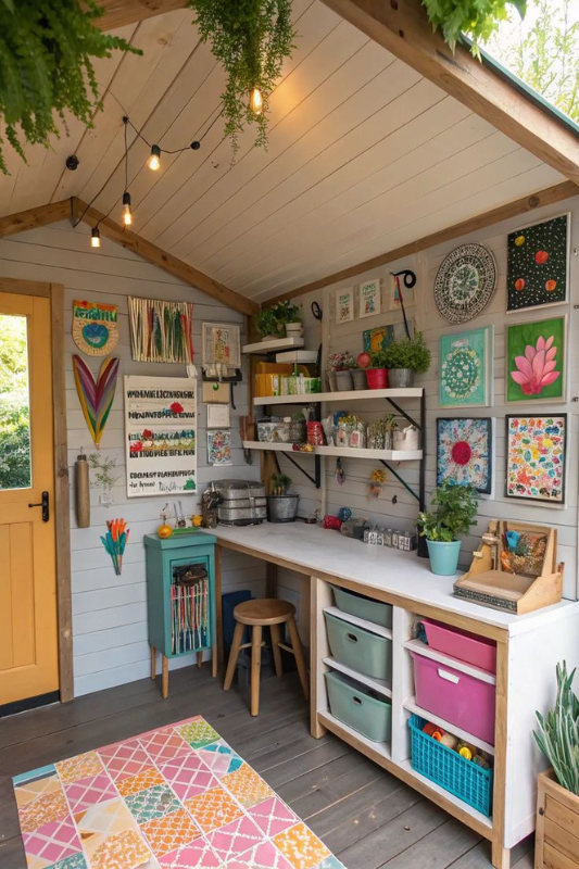 Bright and colorful she shed craft room with wall art, organized shelves, and rainbow storage bins.