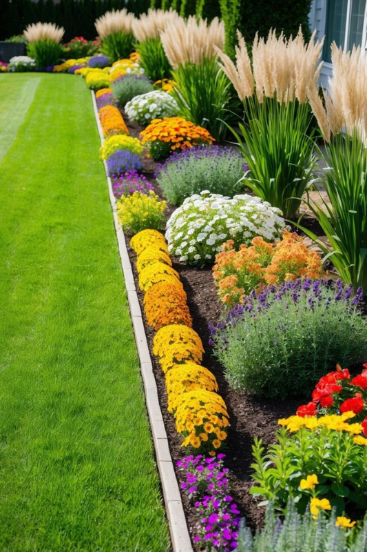 Brightly layered flower bed featuring marigolds, lavender, salvia, and white daisies mixed with dramatic ornamental grasses.