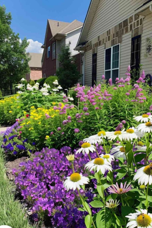 Vibrant mix of purple, white, yellow, and pink perennial flowers arranged in a layered front yard garden along a suburban home.