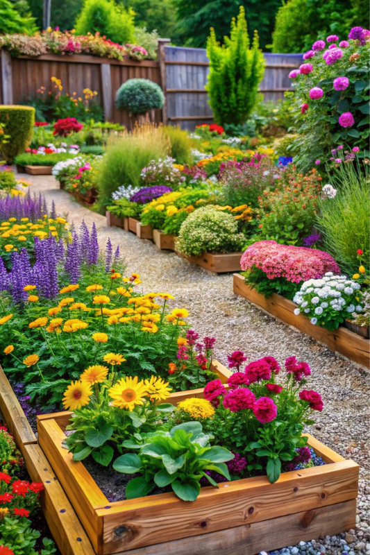 Vibrant raised flower beds with marigolds, petunias, salvia, and other seasonal blooms arranged along a gravel garden path.