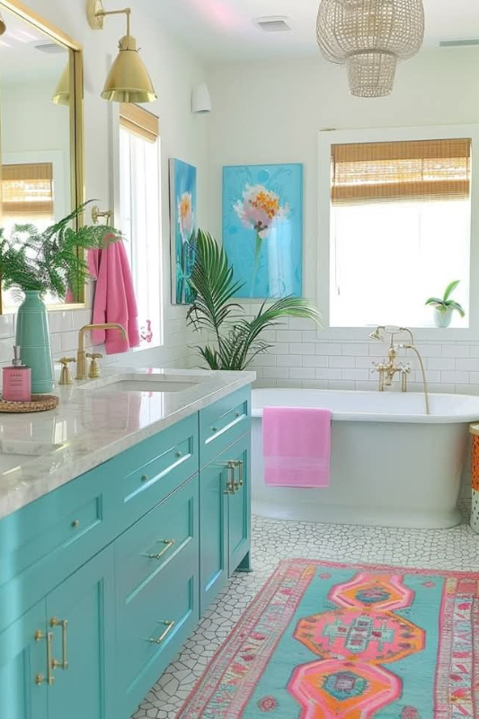 Eclectic bathroom with turquoise vanity, gold fixtures, pink towels, colorful art, boho rug, and freestanding white tub with bright natural light and tropical accents 