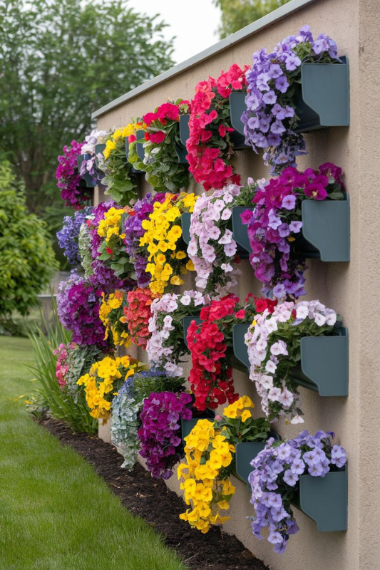 Bright and colorful wall-mounted flower planters filled with blooming petunias in red, yellow, purple, pink, and lavender, creating a stunning vertical garden display on a beige wall.