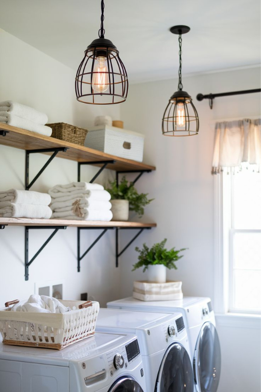 Narrow boho laundry nook with stacked appliances, wall-mounted drying rack, woven baskets, and light wood shelving for efficient storage.
