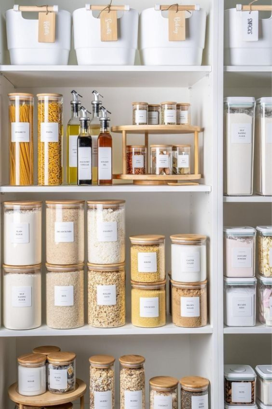 Fully organized kitchen pantry featuring labeled white storage bins, clear airtight food containers, and wire shelves to maximize food storage space and improve kitchen efficiency. 