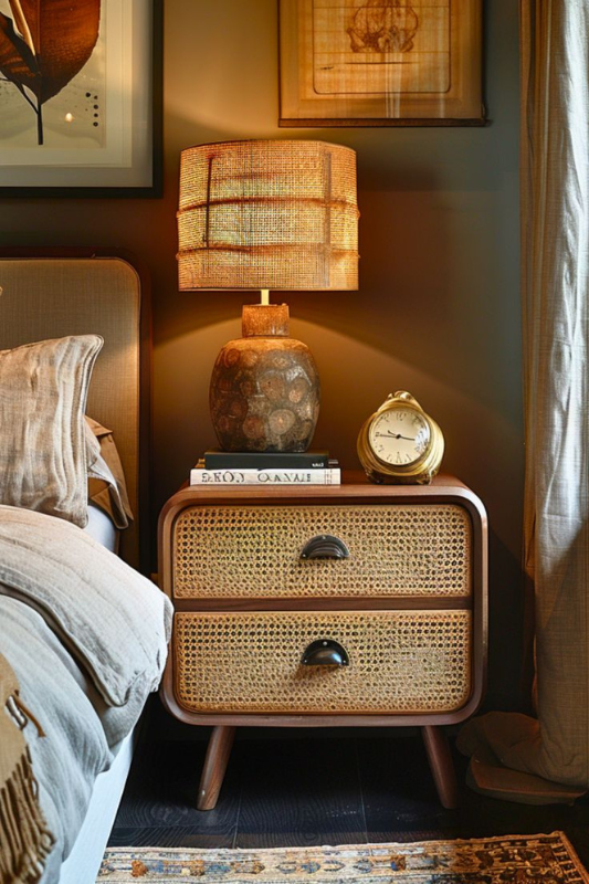 Cozy bedroom nightstand featuring woven rattan drawers, a rustic wood table lamp with a fabric shade, vintage-style gold alarm clock, stacked books, and warm ambient lighting for an intimate and inviting bedside setup. 
