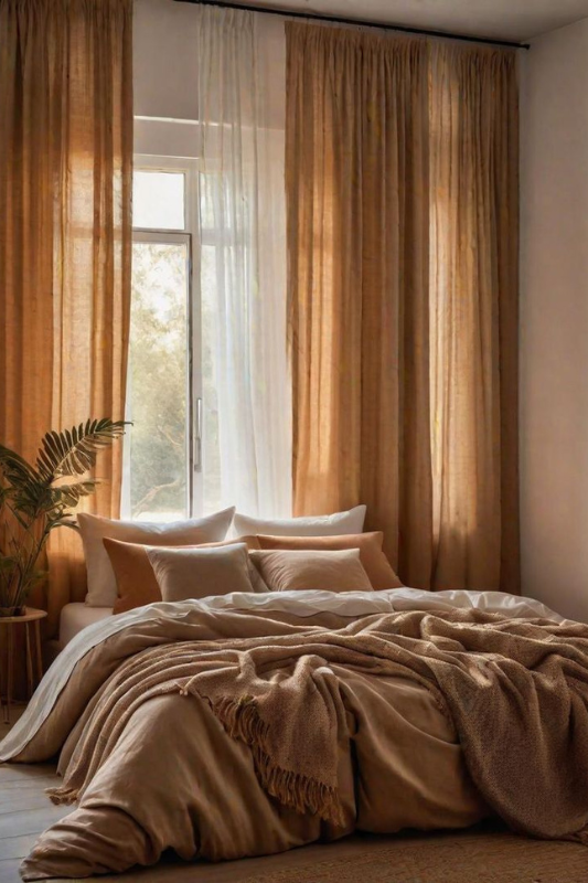 Cozy bedroom with layered beige bedding, soft pillows in warm earthy tones, sheer and linen curtains letting in natural light, a woven throw blanket, and a potted indoor plant for a peaceful, eco-inspired modern bedroom look. 
