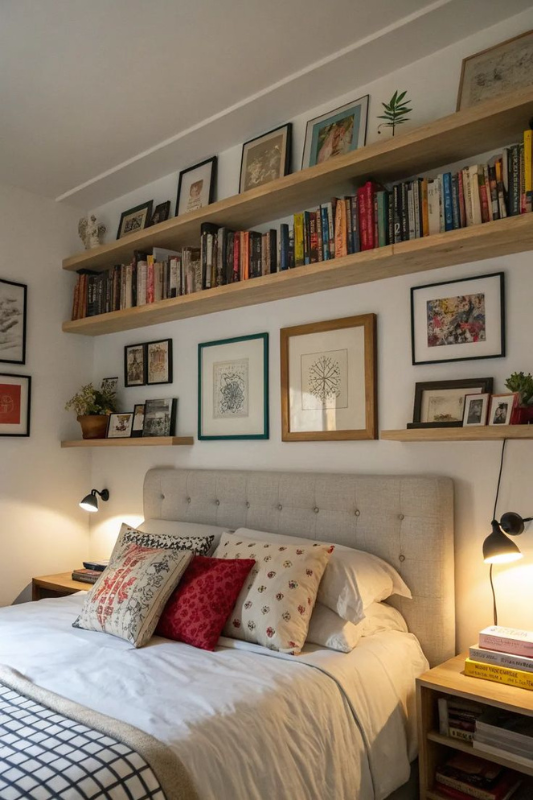 Cozy bedroom featuring floating bookshelves above the bed filled with colorful books and framed art, a tufted upholstered headboard, patterned throw pillows in red and cream, and bedside sconces creating a warm and personalized reading space. 
