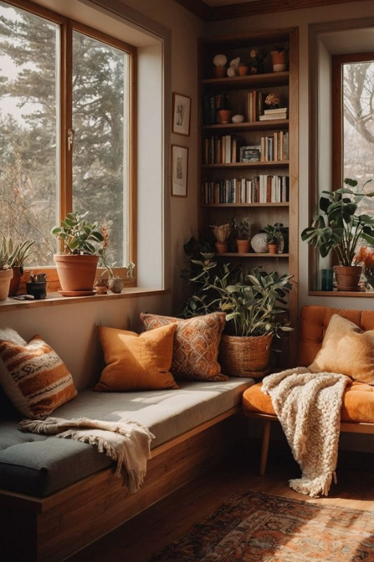 Cozy boho reading nook with a built-in window seat, earthy orange throw pillows, layered textiles, indoor plants, and a warm-toned vintage rug — ideal for fall home decor ideas, bohemian reading corner inspiration, and small cozy nook designs. 