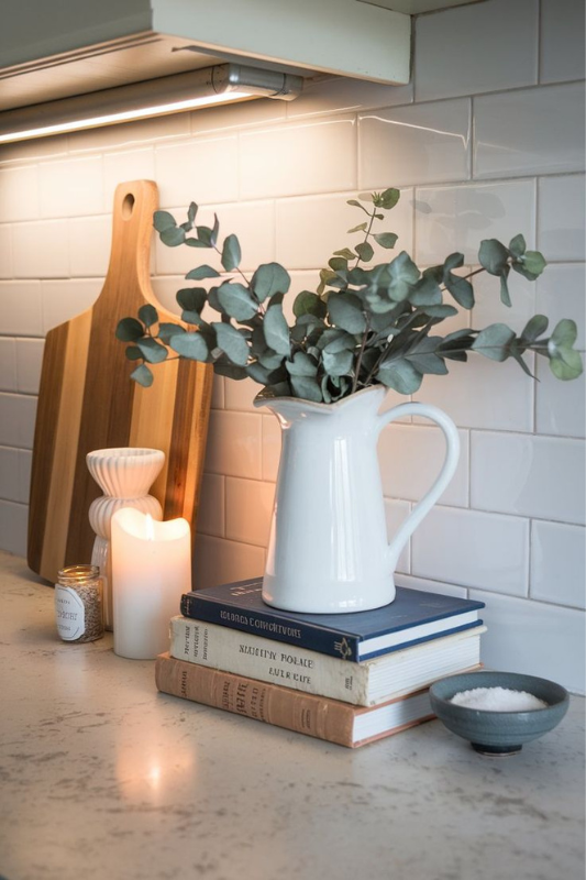 Cozy modern farmhouse kitchen counter with eucalyptus stems in a white pitcher, vintage books, wooden cutting board, candlelight, and minimalist ceramic decor against a white subway tile backsplash
